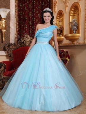 Trimed A-line One Shoulder Light Aquq Blue Prom Ball Gown