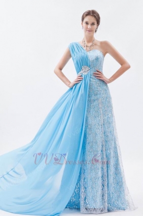 Single Shoulder Aque Blue Half Chiffon Half Lace Sweep Train Evening Dress