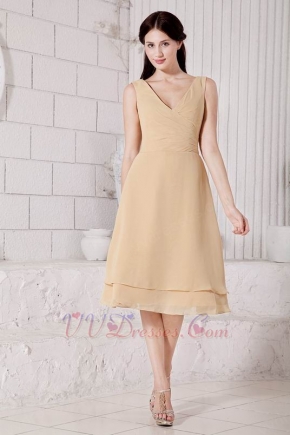 Cute Champagne Bridesmaid Dress With V Neck Skirt
