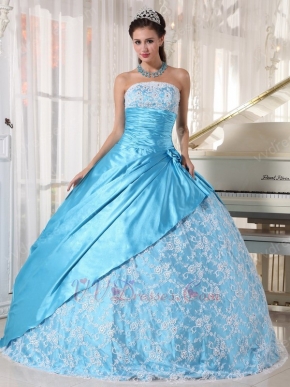 Bright Sky Blue Strapless Lace Quinceanera Dress