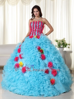 Aqua Quinceanera Dress With Rose Pink Flowers Bodice and Skirt Like Princess