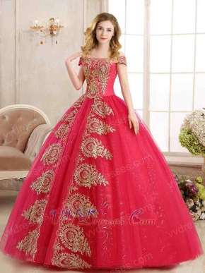Coral Red Tulle Lady Prom Ball Gown With Vogue Golden Pineapple Applique