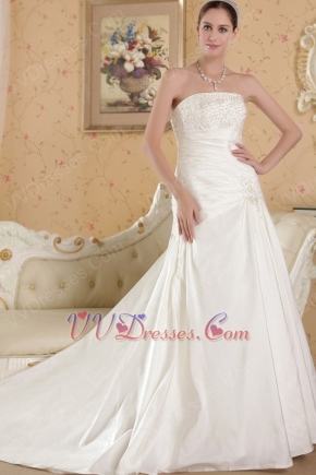 A-line Strapless Chapel Train Ivory Taffeta Bridal Wedding Dresses