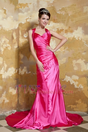 V-neck Cross Back Hot Pink Taffeta Pretty Prom Dress For Wedding Party Inexpensive