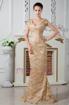 Sexy V Neck Dark Champagne Lace Prom Party Dress With Cap Sleeves