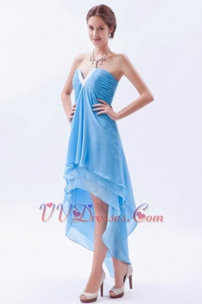 V-Shaped Strapless High Low Layers Aqua Evening Dress