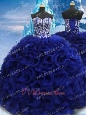 Curly Bow Floor Length Dark Royal Blue Prom Ball Gown Attire