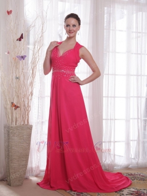 V-neckline Coral Red Chiffon Empire Female Prom Party Wear