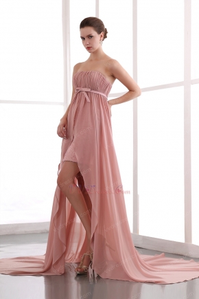 Salmon Pink Custom Fit Ruched High Low Chiffon Prom Dress