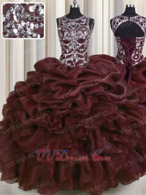 Deepest Burgundy Organza Pretty Puffy Quinceanera Ball Gown Silver Beading