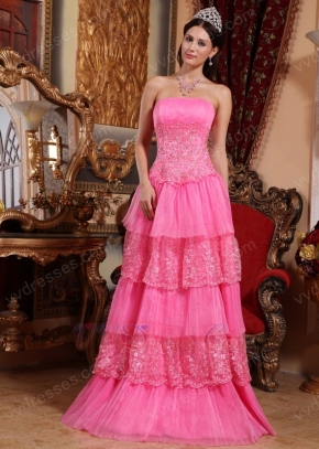 Hot Pink Prom Pageant Dress With Lace Cascade Skirt