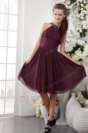 High-neck Knee-length Purple Chiffon Short Prom Dress With Beading