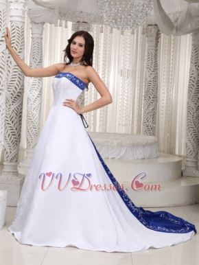 Nice Romantic Embroidery Stain Wedding Dress With Royal Blue Low Price
