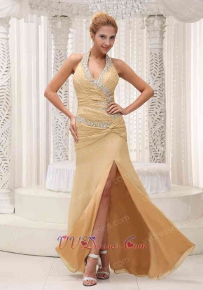 Inexpensive Beaded Decorate Halter Champagne Evening Dress Shows Sexy Leg