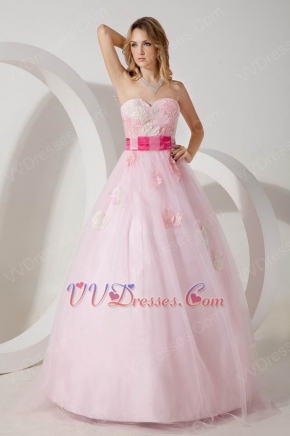 Sweetheart Neck Pink Prom Dress Tulle With Fuchsia Belt