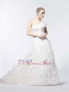 Fashionable Single Shouler Mermaid Ruffles Cascade Wedding Gown