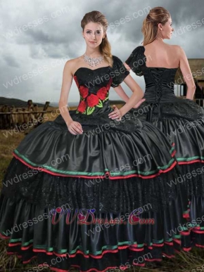 Single Short Lace Sleeve Black Western Quince Court Ball Gown With Embroidery