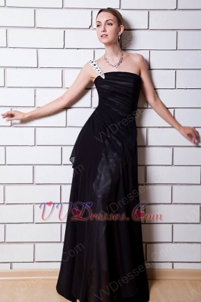 One Shoulder Beaded Strap Black Chiffon Evening Dress