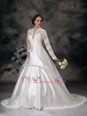 Modest V-neck Long Lace Sleeves Appliqued Bridal Dress Stores