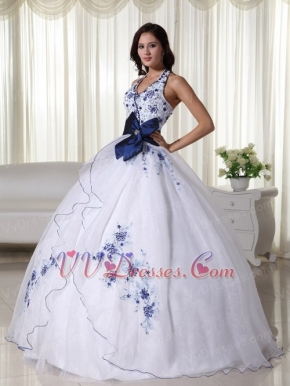 White Halter Quince Dress With Royal Embroidery And Belt Like Princess