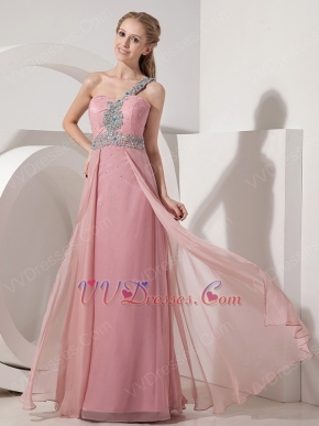 One Shoulder Baby Pink Chiffon Beaded Dress For Prom Wear