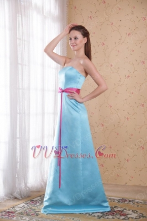 Cheap Light Blue Bridesmaid Gown With Fuchsia Belt