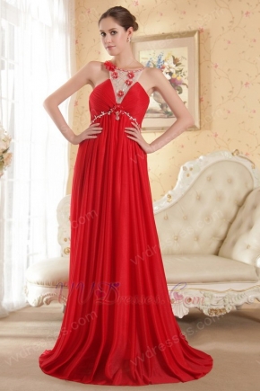 Scoop Neckline Red Chiffon Beaded Prom Dress Cheap