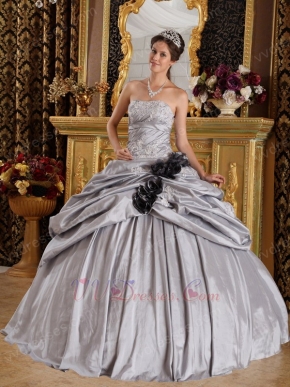 Black Handmade Flowers Quinceanera Dress Gray Taffeta