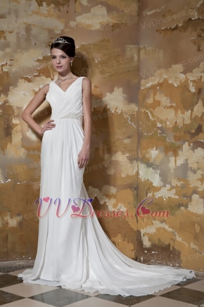 Simple V-neck Chiffon Off White Prom Dress Lace Up Back For Party Inexpensive