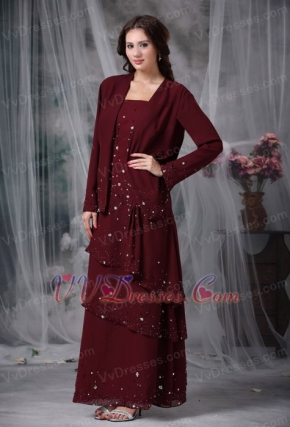 Layers Skirt Burgundy Mother Of The Bride Dress And Coat Modest