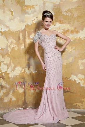 One Shoulder Light Pink Chiffon Slim Prom Dress With Crystals Inexpensive