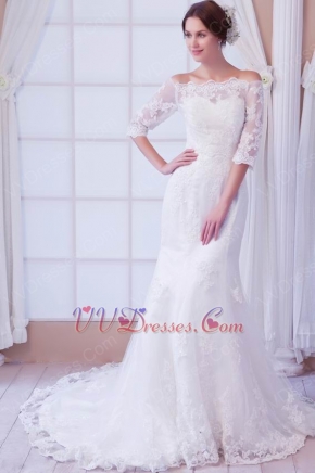 Off Shoulder 3/4 Length Sleeves Ivory Mermaid Wedding Dress