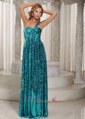 Sparkling Teal Sequin Single Strap Floor Length Graduation Dress