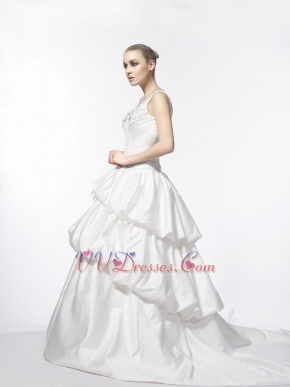 Fashionable V-neck Straps Bubble Cathedral Ivory Wedding Gown