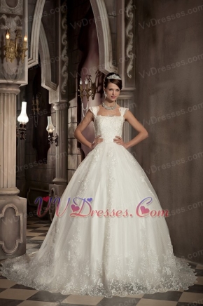 Modest Ball Gown Square Wide Straps Chapel Train Lace Bridal Gowns Low Price