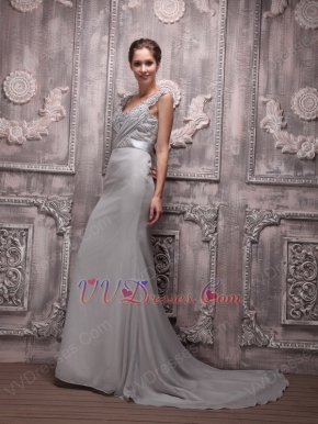 V-neck Gray Chiffon Cheap Prom Evening Dress With Court Train