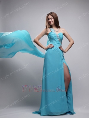 Watteau Aqua Dress With One Shoulder Skirt For Evening