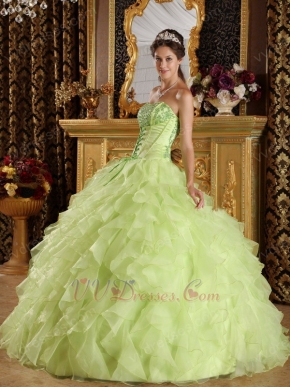 Yellow Green Cascade Ruffled Skirt Sweetheart Quinceanera Dress