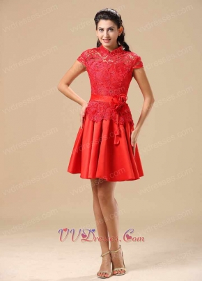 Conservative High-neck Red Lace Annual Dinner Dress Special Price