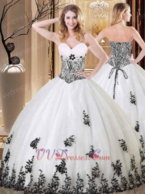 Zebra Bodice Floor Length Vestidos De Quinceanera Gown White With Black Details