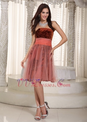 Rust Red Short Prom Dress With Birds Feather Printed Design Knee Length Sexy