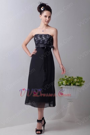 Custom Black Tea Length Bridesmaid Dress With Lace