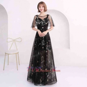 Pegasus Stars & Moon Pattern Lace Black Prom Dress Half Lining Skirt