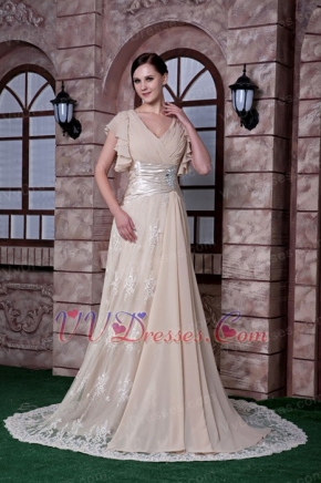 Modest V-neck Champagne Chiffon and Lace Mother Of Bride Dress Modest