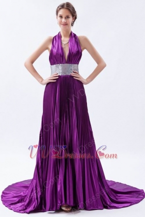 Noble Halter Purple Evening Dress With Sequin Sash