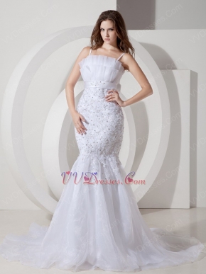 Appliqued Spaghetti Straps Mermaid Outdoor White Wedding Dress