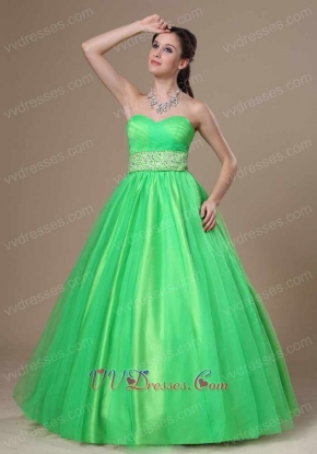 Brand New Sweetheart Beaded Waist Long Spring Green Ball Gown With Bowknot