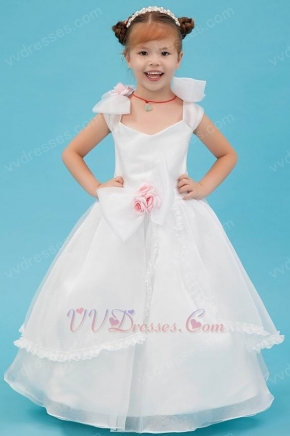 Unique Bow Straps Flowers Embellish White Organza Flower Girl Dress