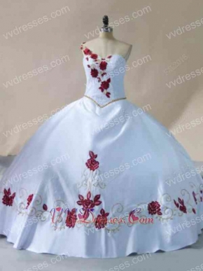 One Strap Puffy Plain Western Quinceanera Gowns White Satin With Wine Red Embroidery