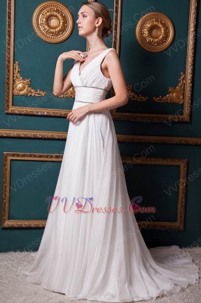 Modest V Neckline Church Ivory Chiffon Wedding Dresses Gowns